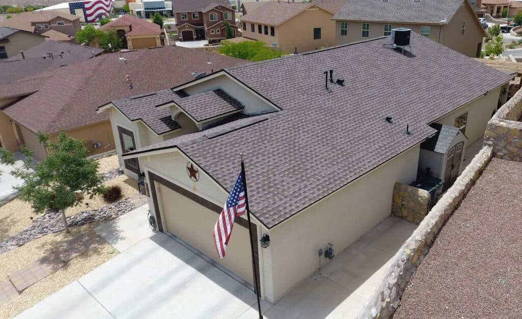 An El Paso home with GAF Timberline HD Mission Brown shingles installed by Smith & Ramirez Roofing